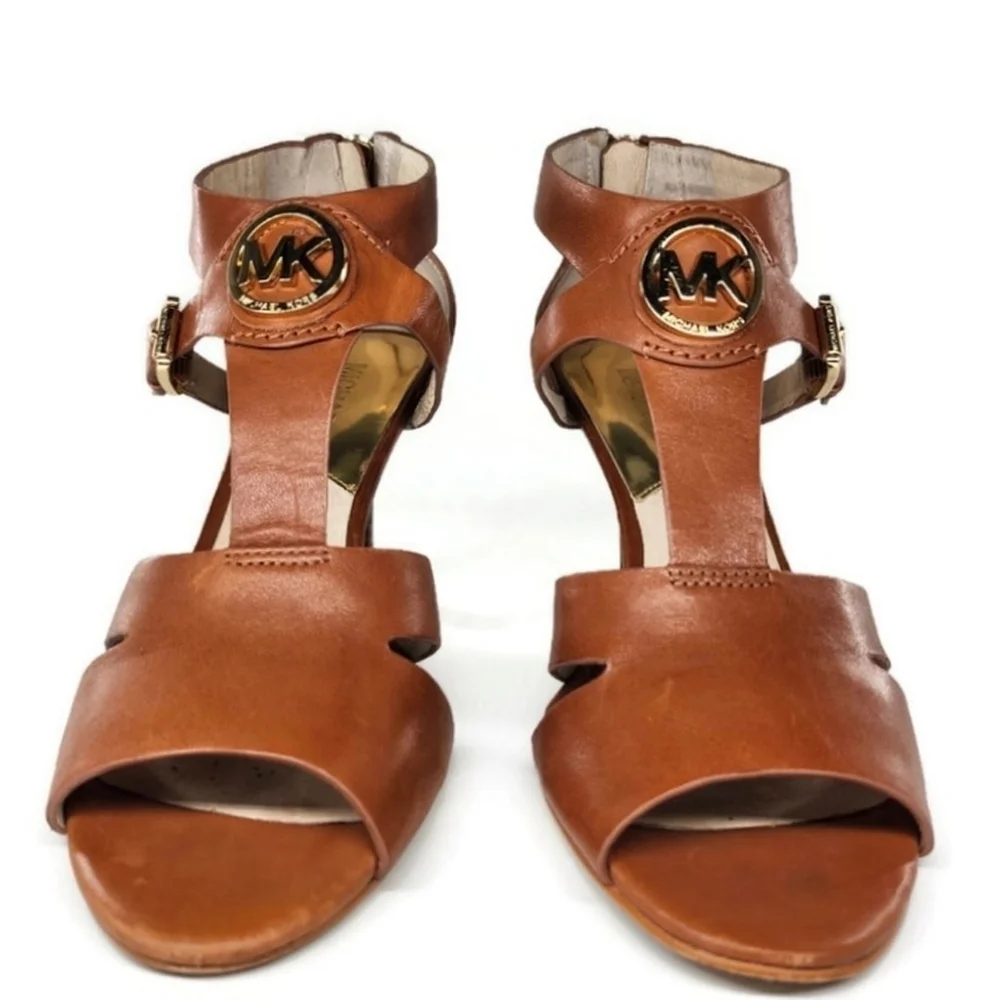 Michael Kors Brown Leather T-Strap Open-Toe Back Zip Gold Logo High Heel Sandals